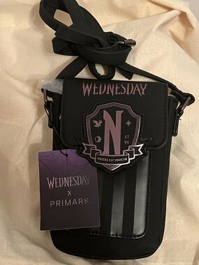 Primark Wednesday Black Crossbody Phone Bag with Silver Accent NWT